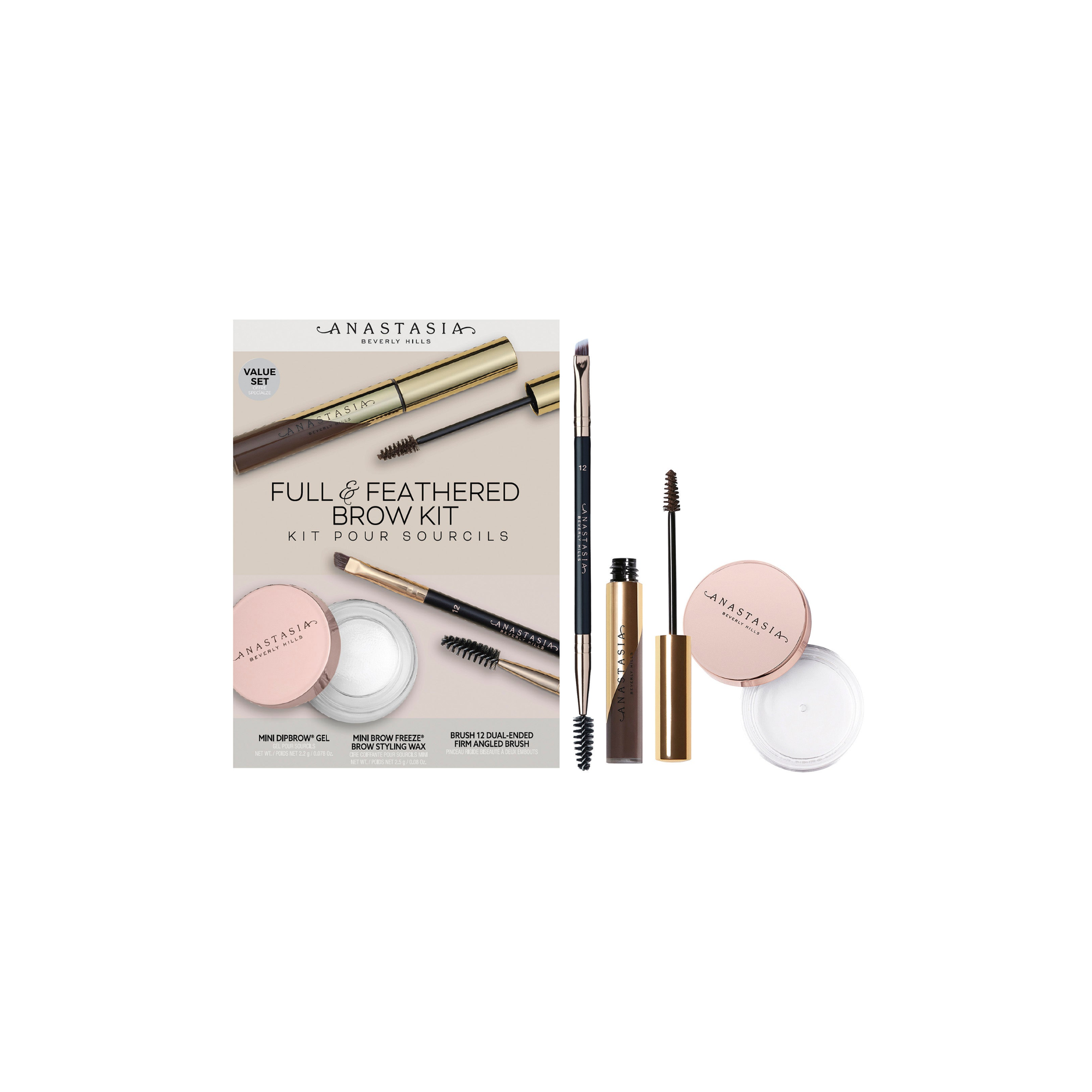 FULL E FEATHERED BROW KIT DARK BROWN (MINI DIPBROW GEL, MINI BROW FREEZE BROW STYLING WAX, BRUSH 12 DUAL-ENDED FIRM ANGLED BRUSH)