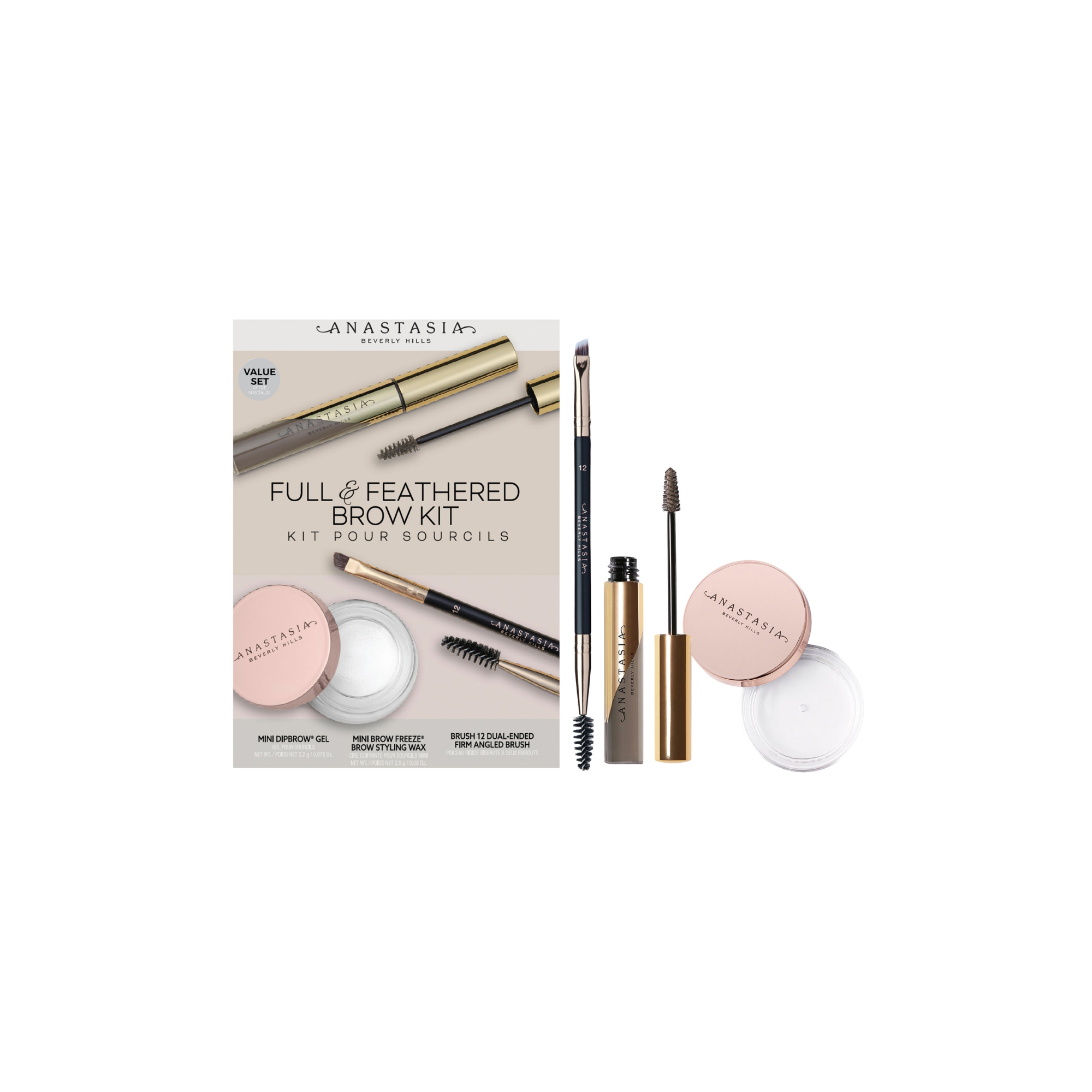 FULL E FEATHERED BROW KIT SOFT BROWN (MINI DIPBROW GEL, MINI BROW FREEZE BROW STYLING WAX, BRUSH 12 DUAL-ENDED FIRM ANGLED BRUSH)